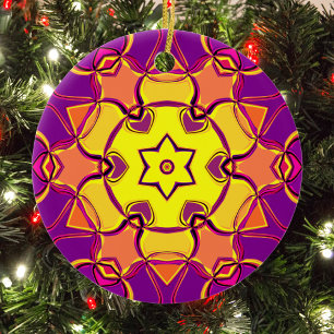 Cartoon Mandala Flower Yellow Orange and Pink Ceramic Ornament
