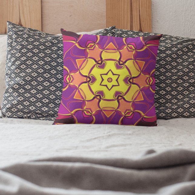 Cartoon Mandala Flower Yellow Orange and Pink Throw Pillow (Creator Uploaded)