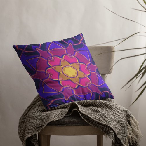 Cartoon Mandala Flower Yellow Pink and Blue Throw Pillow