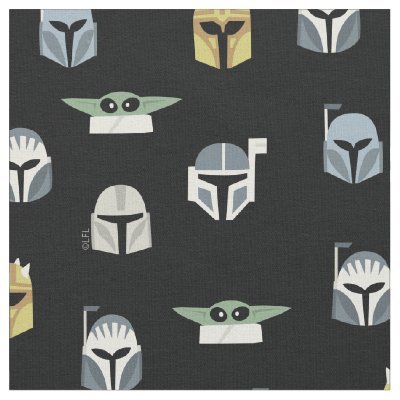 Cartoon Mandalorians and Grogu Head Pattern Fabric