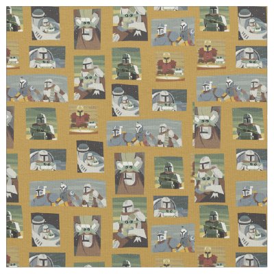 Cartoon Mandalorians and Grogu Scenes Pattern Fabric