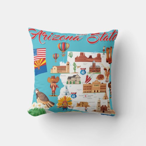 Cartoon Map of Arizona Throw Pillow