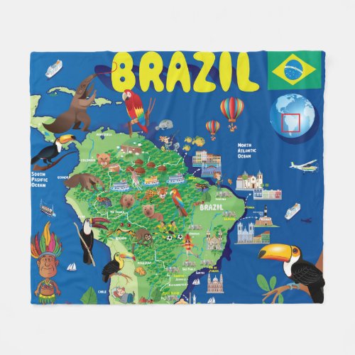 Cartoon Map of Brazil Fleece Blanket