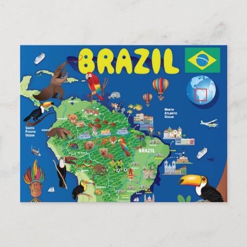 Cartoon Map of Brazil Postcard