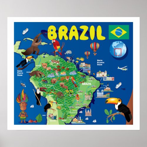 Cartoon Map of Brazil Poster
