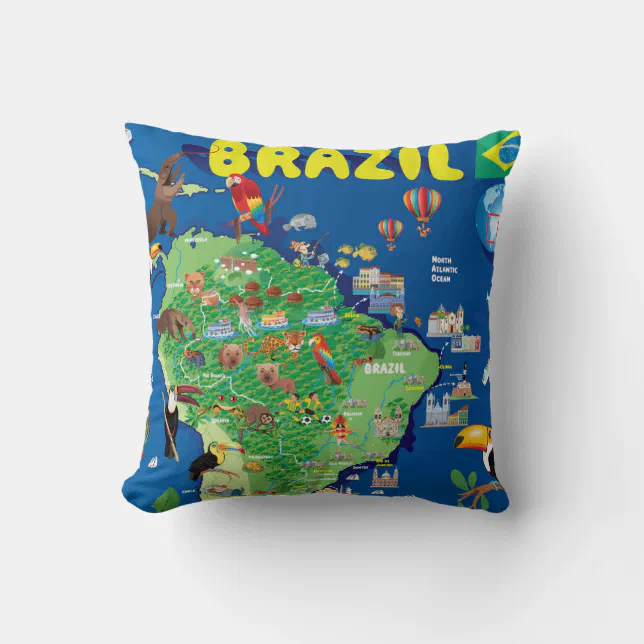 Cartoon Map of Brazil Throw Pillow (Front)