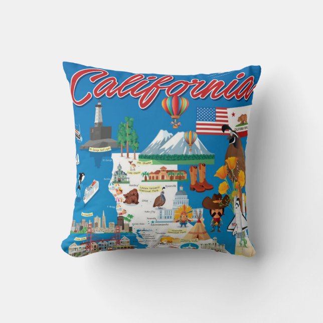 Cartoon Map of California Throw Pillow (Front)