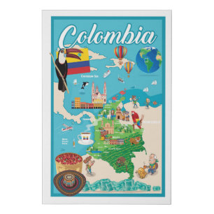 Cartoon Map of Colombia Faux Canvas Print