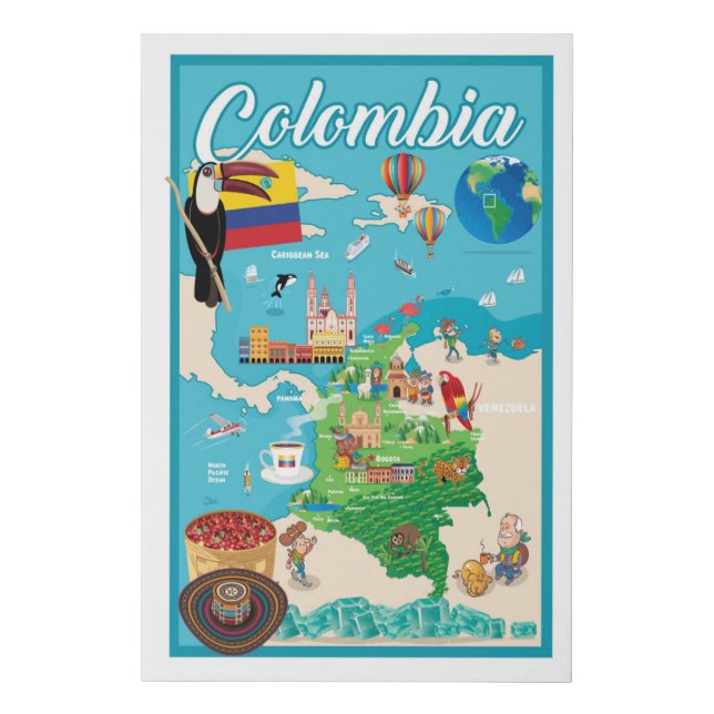 Cartoon Map of Colombia Faux Canvas Print (Front)