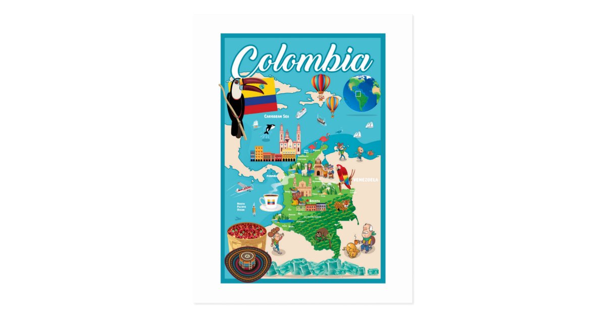 Cartoon Map of Colombia Postcard | Zazzle.com