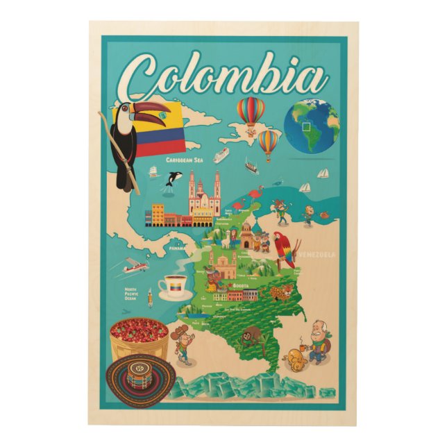 Cartoon Map of Colombia Wood Wall Art (Front)