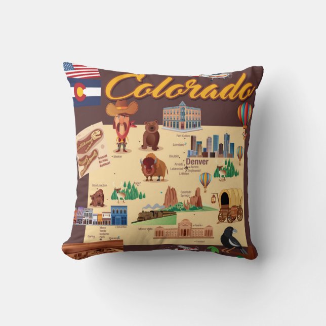 Cartoon Map of Colorado Throw Pillow (Front)