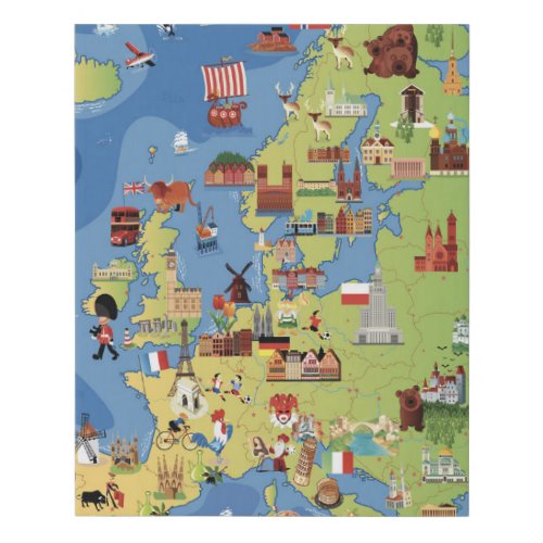 Cartoon Map of Europe Faux Canvas Print