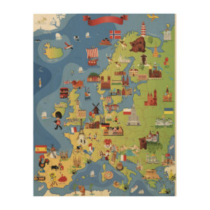Cartoon Map of Europe Wood Wall Art