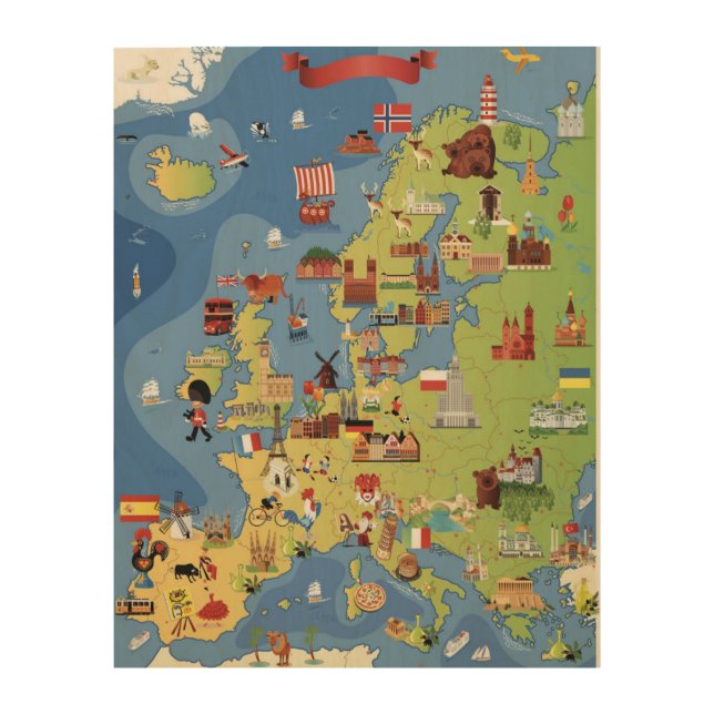 Cartoon Map of Europe Wood Wall Art (Front)