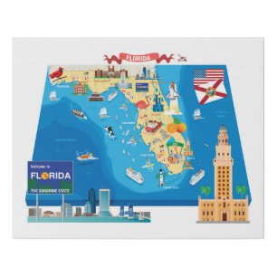 Cartoon Map of Florida Faux Canvas Print