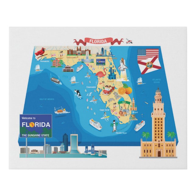 Cartoon Map of Florida Faux Canvas Print (Front)