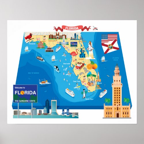 Cartoon Map of Florida Poster