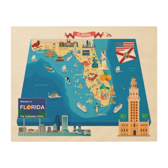 Cartoon Map of Florida Wood Wall Art (Front)