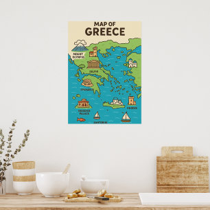 Cartoon Map of Greece – Illustrated Landmarks Poster