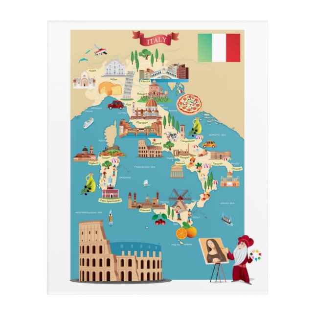 Cartoon Map of Italy Acrylic Print (Front)