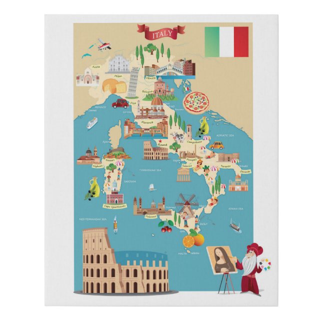 Cartoon Map of Italy Faux Canvas Print (Front)