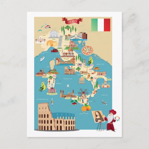 Cartoon Map of Italy Postcard