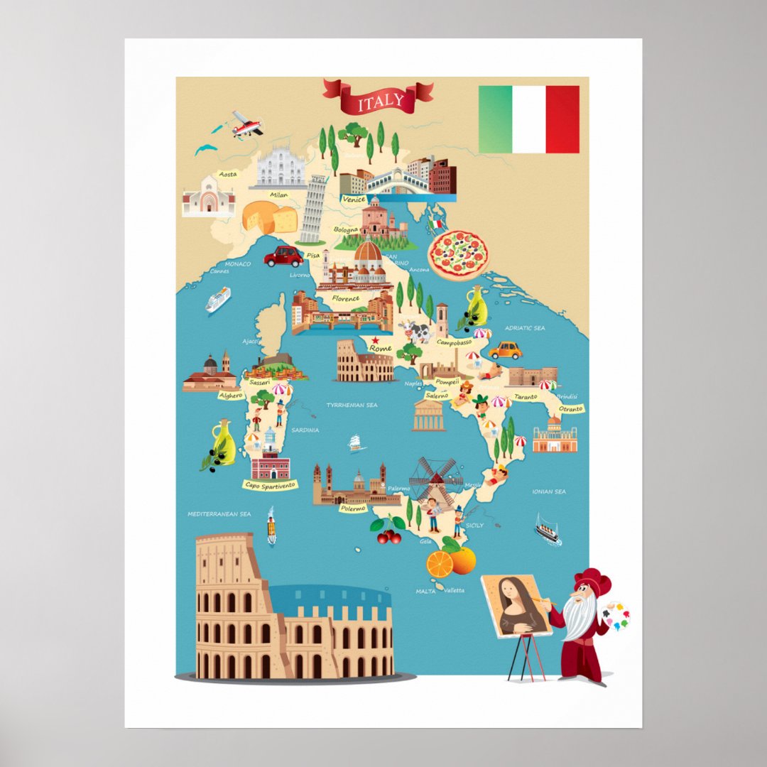 Cartoon Map of Italy Poster | Zazzle