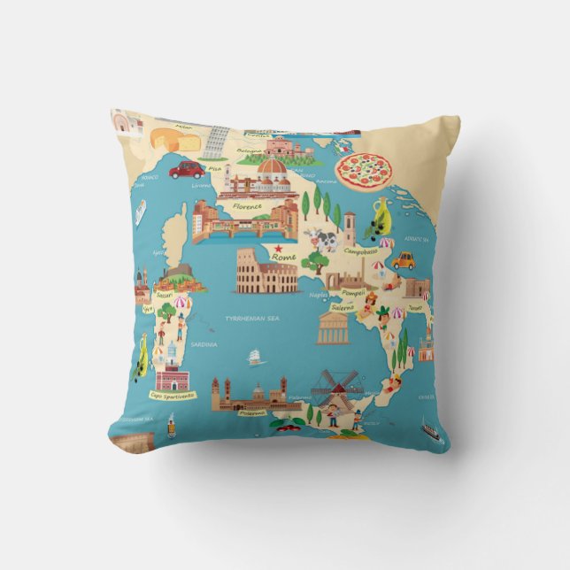 Cartoon Map of Italy Throw Pillow (Front)