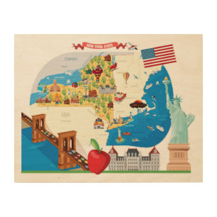 Cartoon Map of New York State Wood Wall Art
