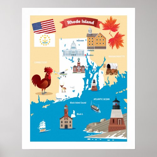 Cartoon Map of Rhode Island Poster