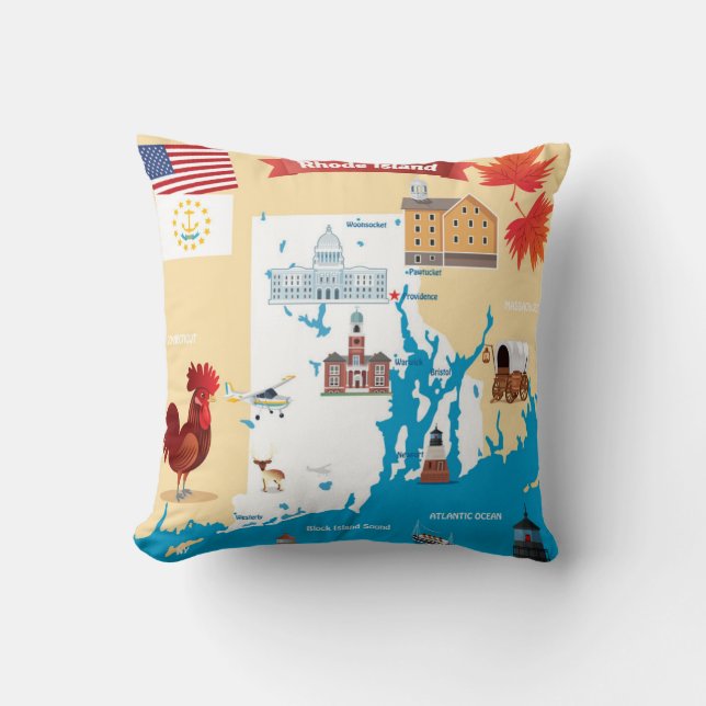 Cartoon Map of Rhode Island Throw Pillow (Front)