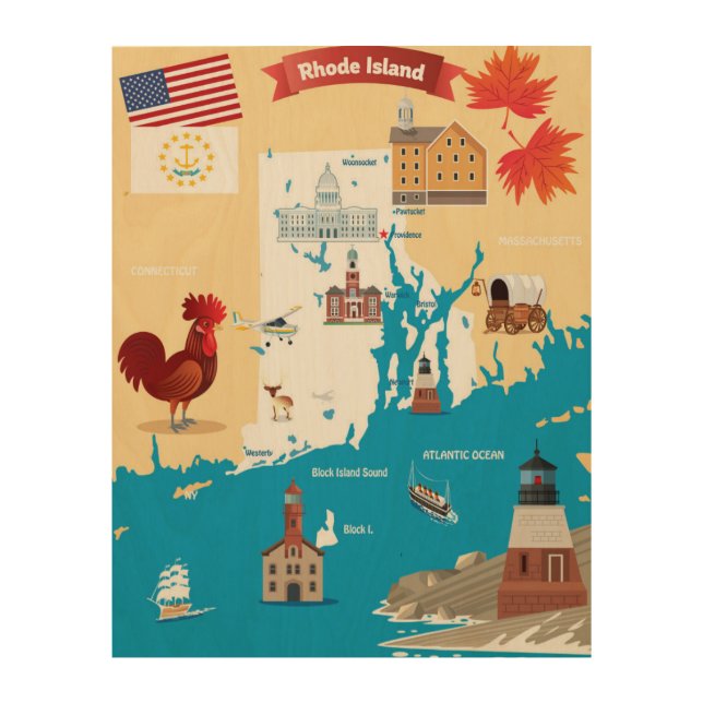 Cartoon Map of Rhode Island Wood Wall Art (Front)