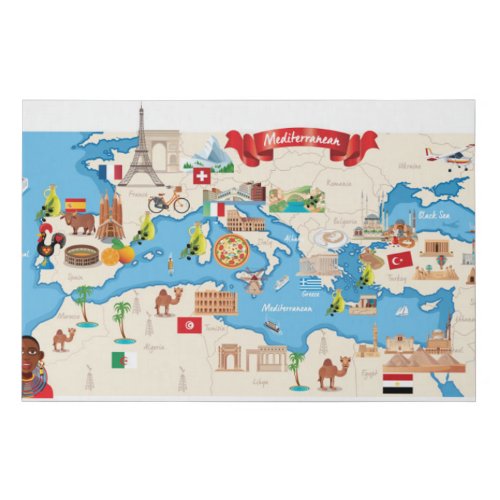 Cartoon Map of The Mediterranean Faux Canvas Print