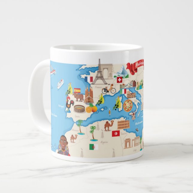 Cartoon Map of The Mediterranean Giant Coffee Mug (Front Left)