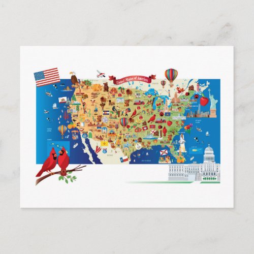 Cartoon Map of USA Postcard