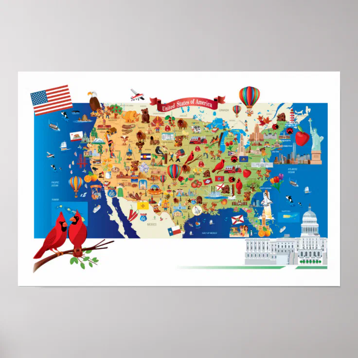 Cartoon Map of USA Poster | Zazzle