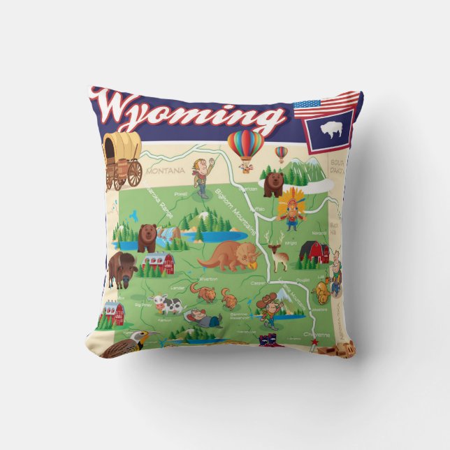 Cartoon Map of Wyoming Throw Pillow (Front)
