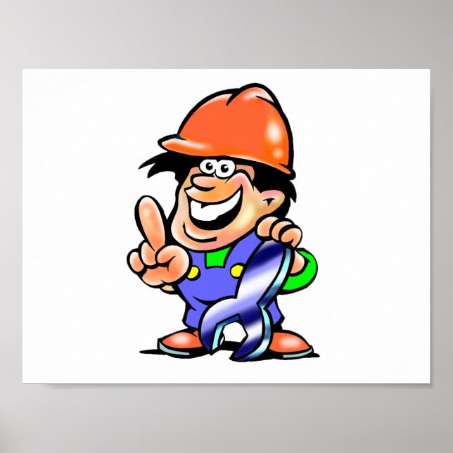 Cartoon Mechanic Construction Worker with Wrench Poster (Front)