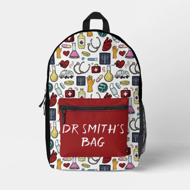 Cartoon medical doctor nurse science custom name printed backpack (Front)
