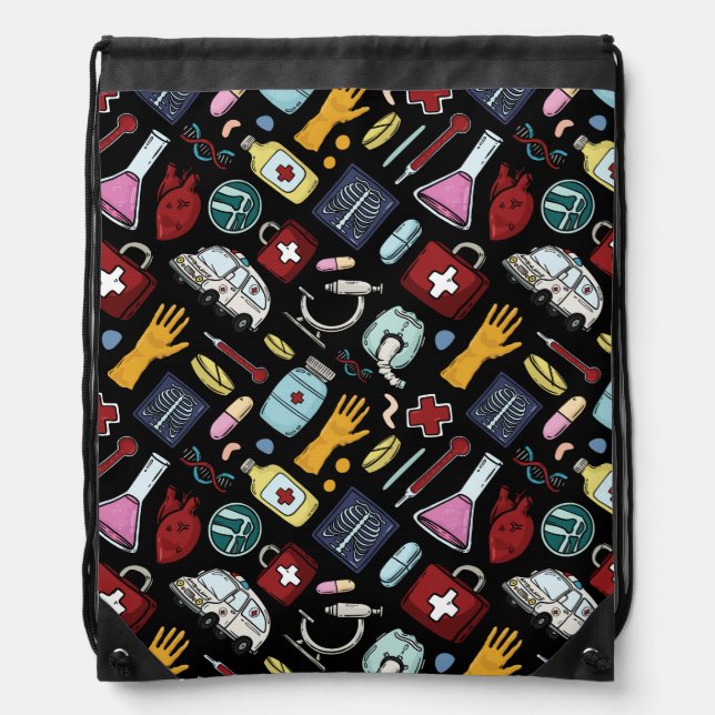 Cartoon medical doctor nurse science pattern drawstring bag (Front)
