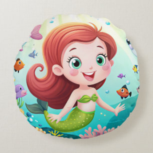 cartoon mermaid girl in the sea with fish round pillow