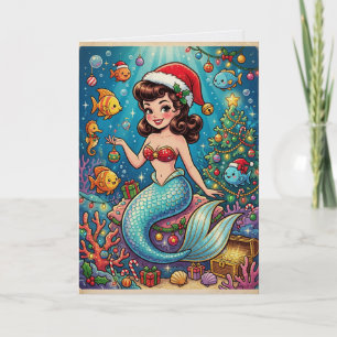 Cartoon Mermaid Vintage Christmas Card
