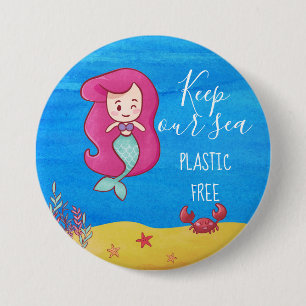 Cartoon mermaid with crab keep sea plastic free button