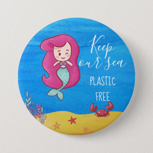 Cartoon mermaid with crab keep sea plastic free button