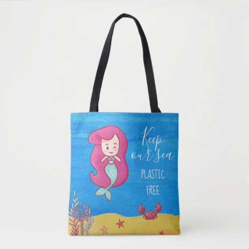 Cartoon mermaid with crab keep sea plastic free tote bag