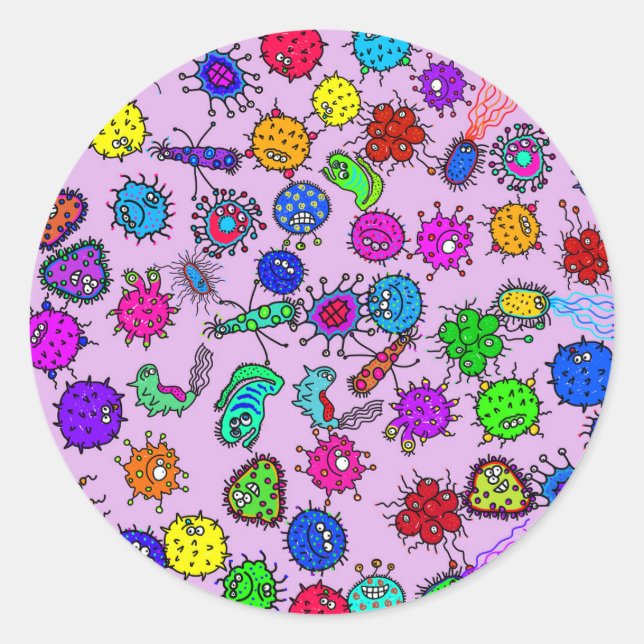 Cartoon Microscopic Bacteria Bug Doodle Art Classic Round Sticker (Front)