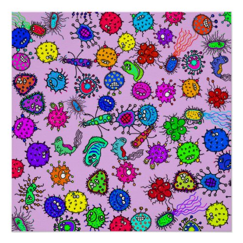Cartoon Microscopic Bacteria Bug Doodle Art Poster