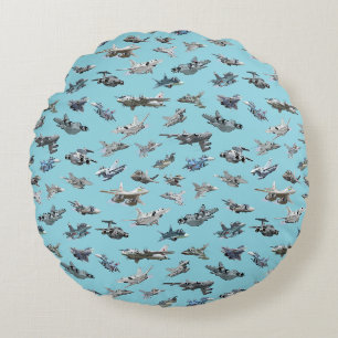 Cartoon military airplanes seamless pattern round pillow