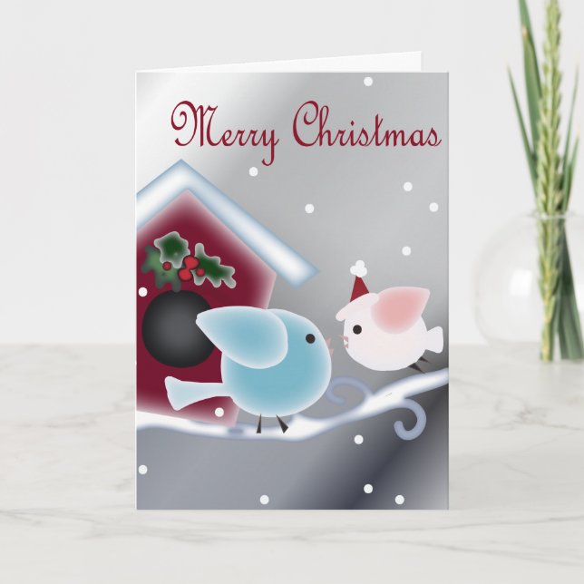 Cartoon mistletoe Love Birds Our First Christmas Holiday Card (Front)